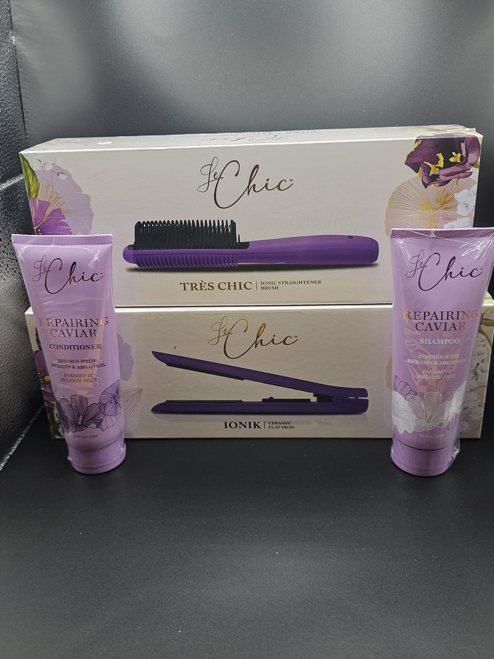Le Chic Hair Styling Brush,Flat Iron With Caviar Repairing Shampoo&Condition Set